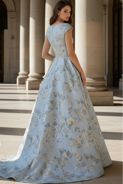 Jacquard A-Line Evening Gown with Cap Sleeves