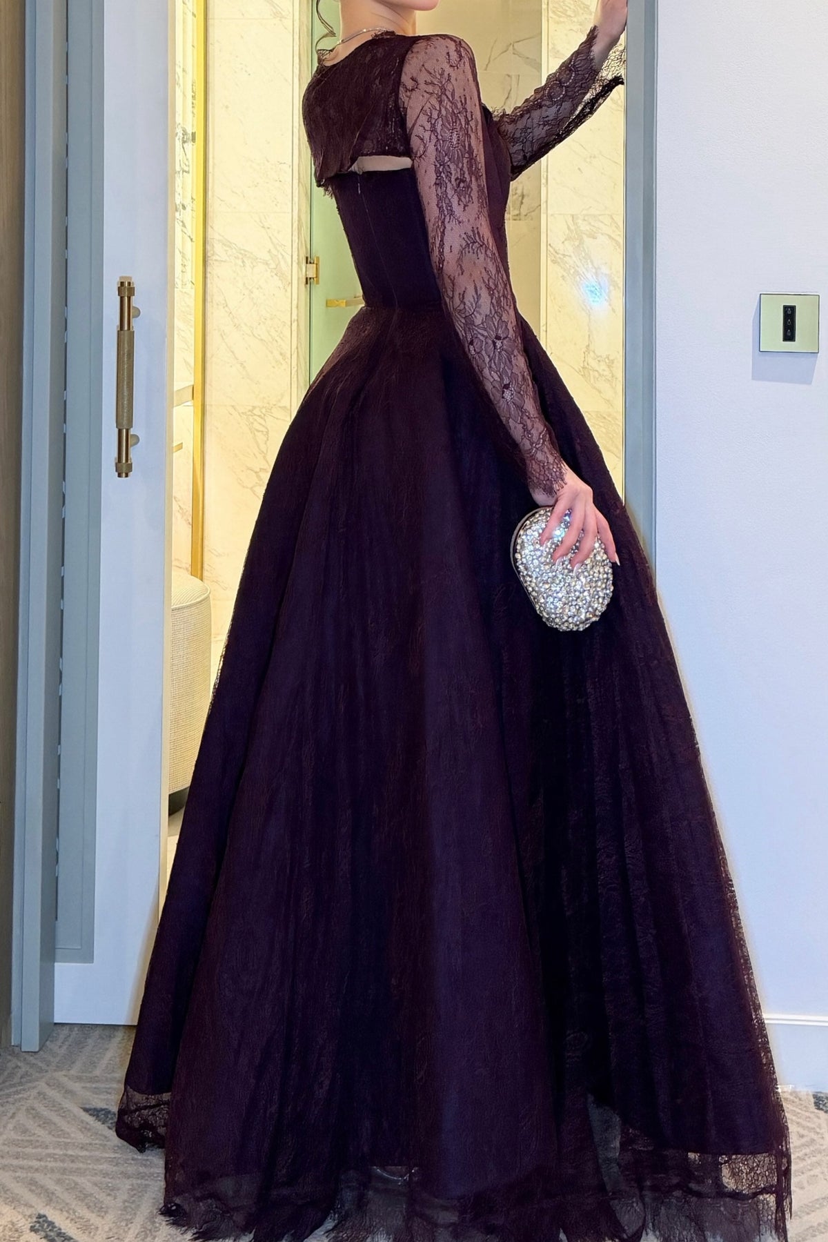 Lace Long Sleeve Ball Gown Evening Dress