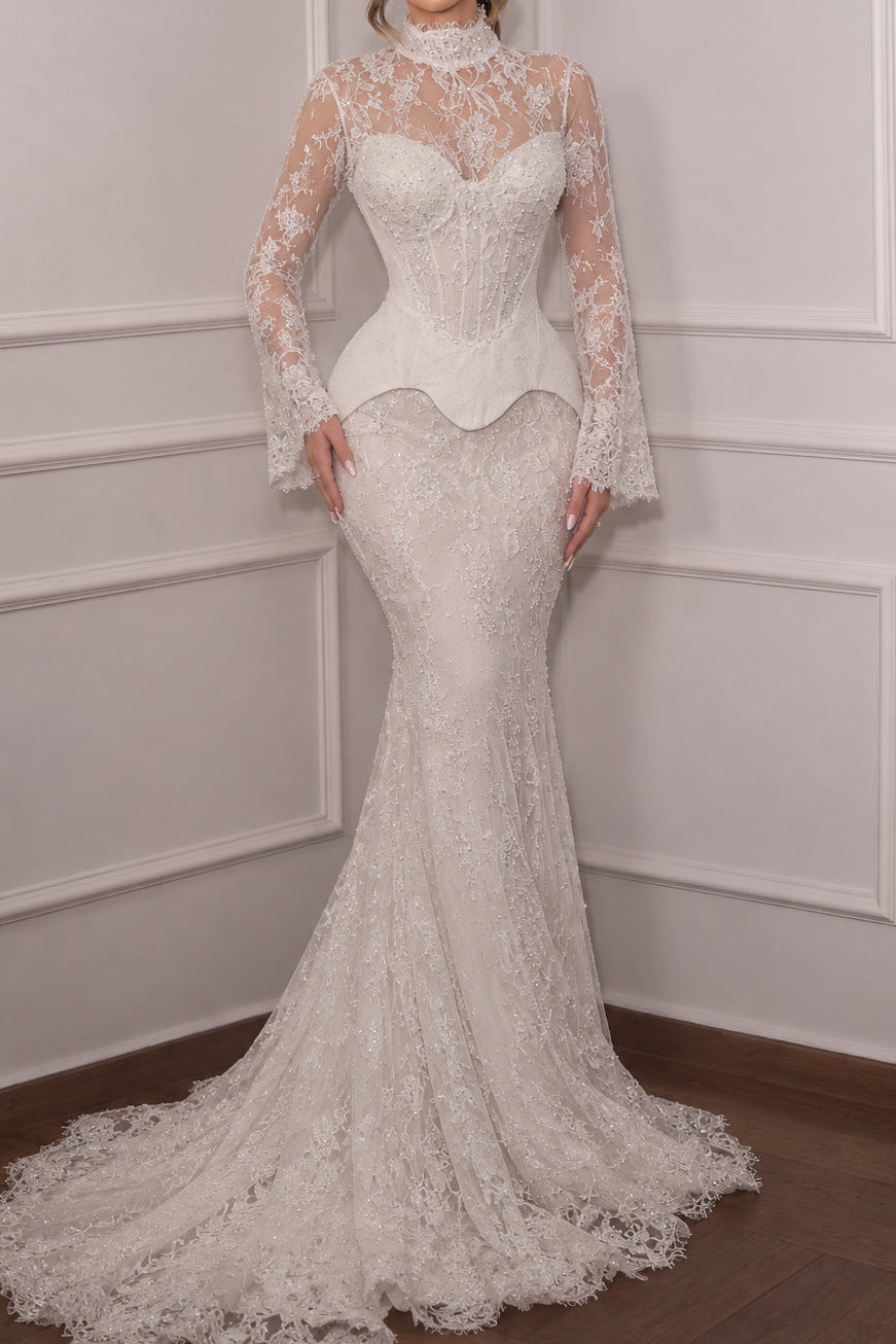 High Neck Lace Peplum Mermaid Wedding Dress