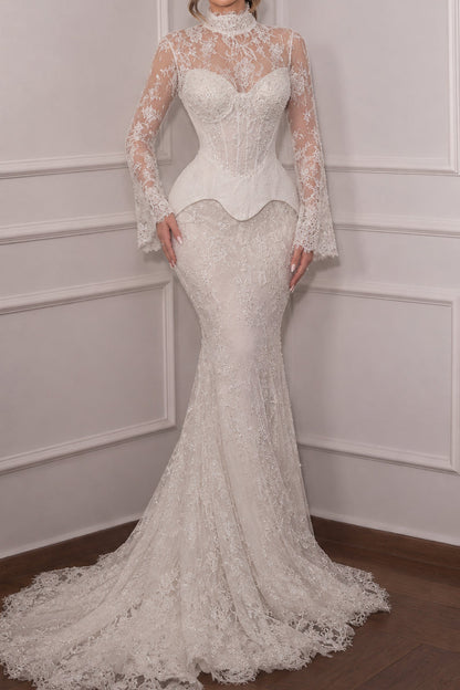 High Neck Lace Peplum Mermaid Wedding Dress
