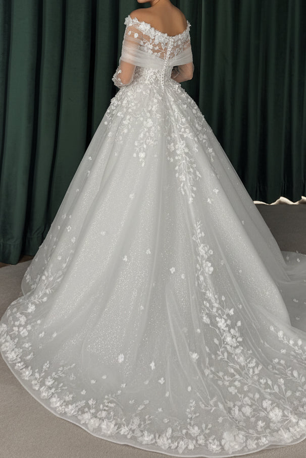 Off-Shoulder Floral Applique Ball Gown Wedding Dress