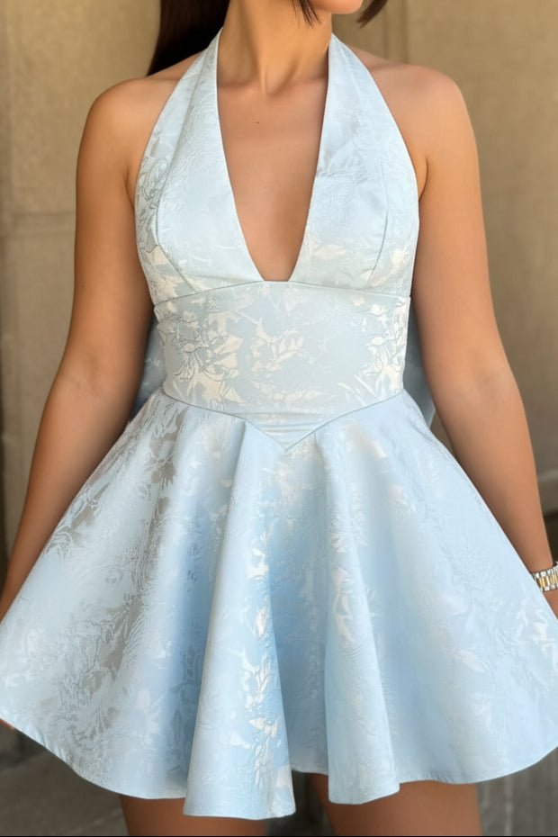 Halter Jacquard Mini Dress with Back Bow and Corset