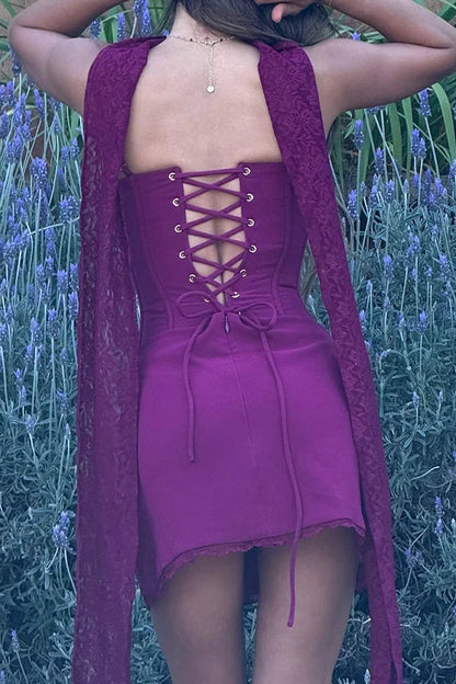 Corset Mini Dress with Lace Trim and Scarf