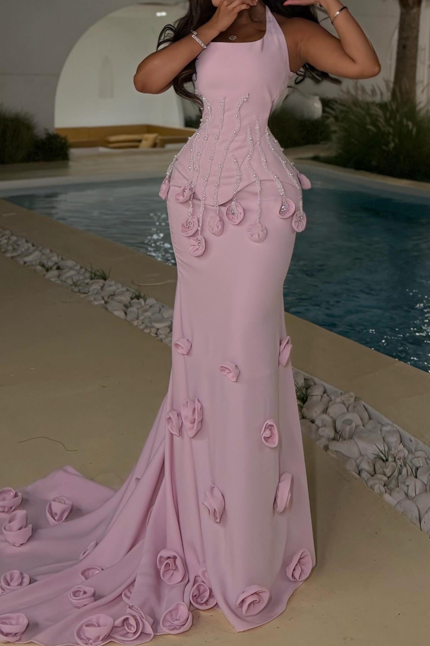 Beaded 3D Floral Mermaid Evening Gown with Train