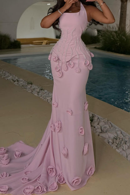 Beaded 3D Floral Mermaid Evening Gown with Train