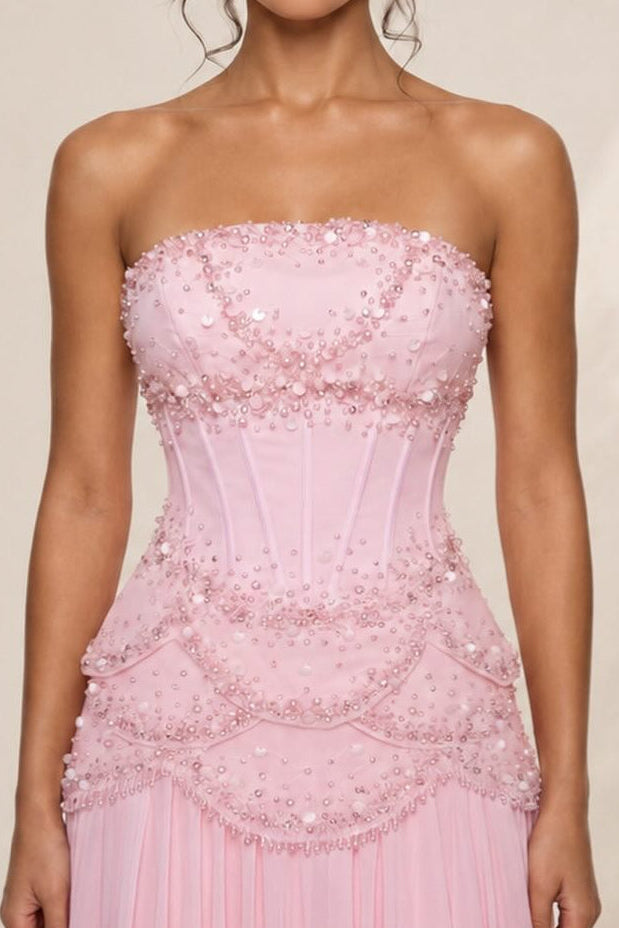 Beaded Corset Pleated Chiffon Gown with Bell Sleeves