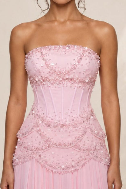 Beaded Corset Pleated Chiffon Gown with Bell Sleeves