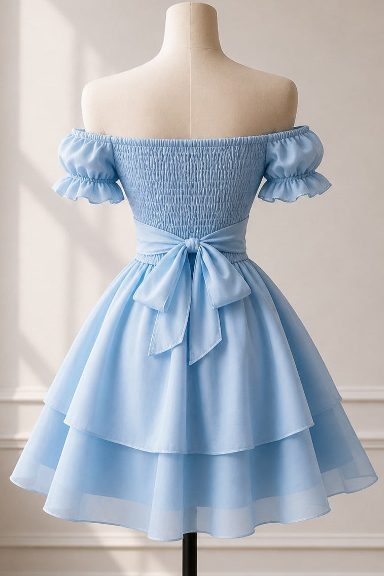 Off Shoulder Tiered Mini Dress with Ruffle Sleeves