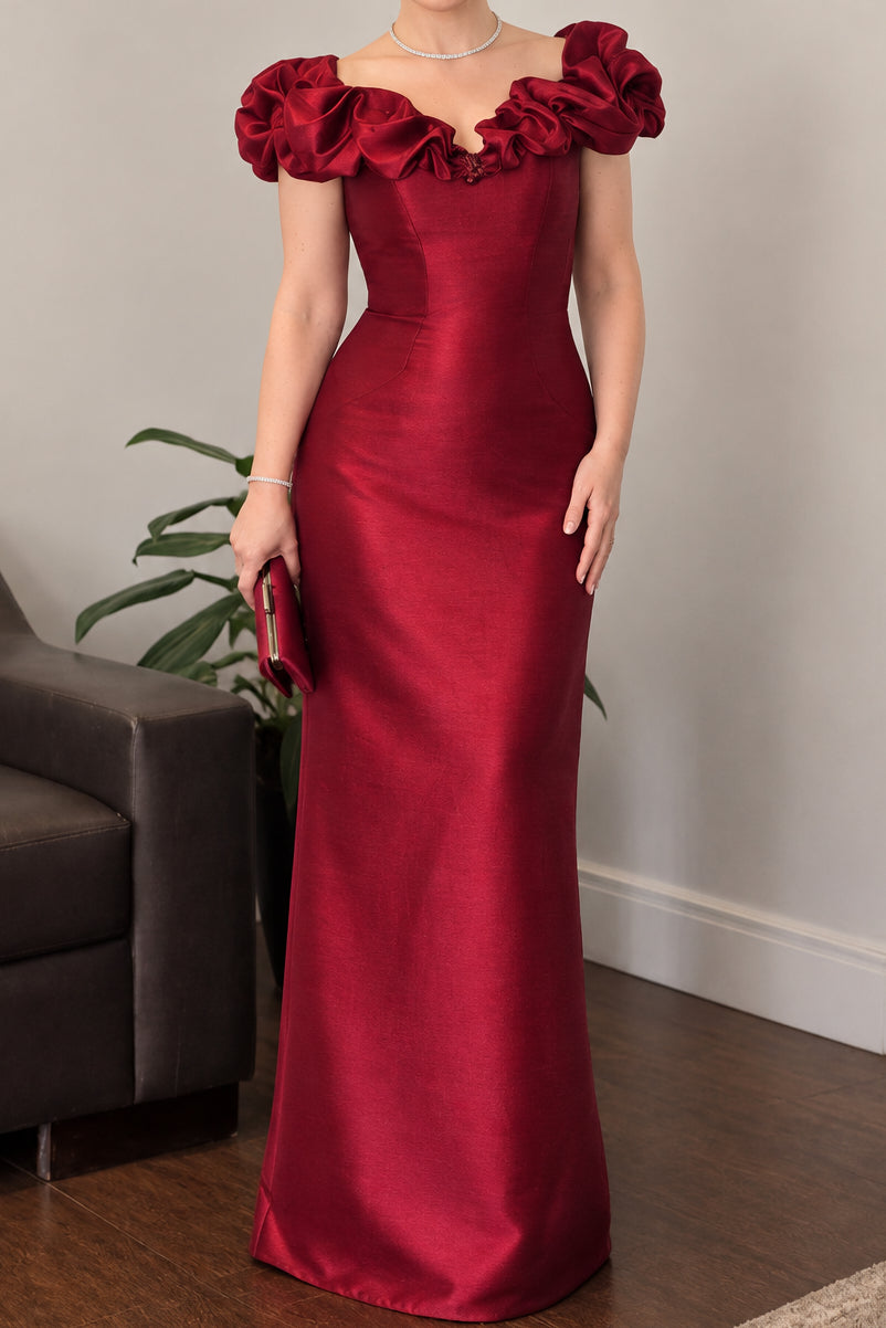 Off-the-Shoulder Rosette Neckline Column Gown