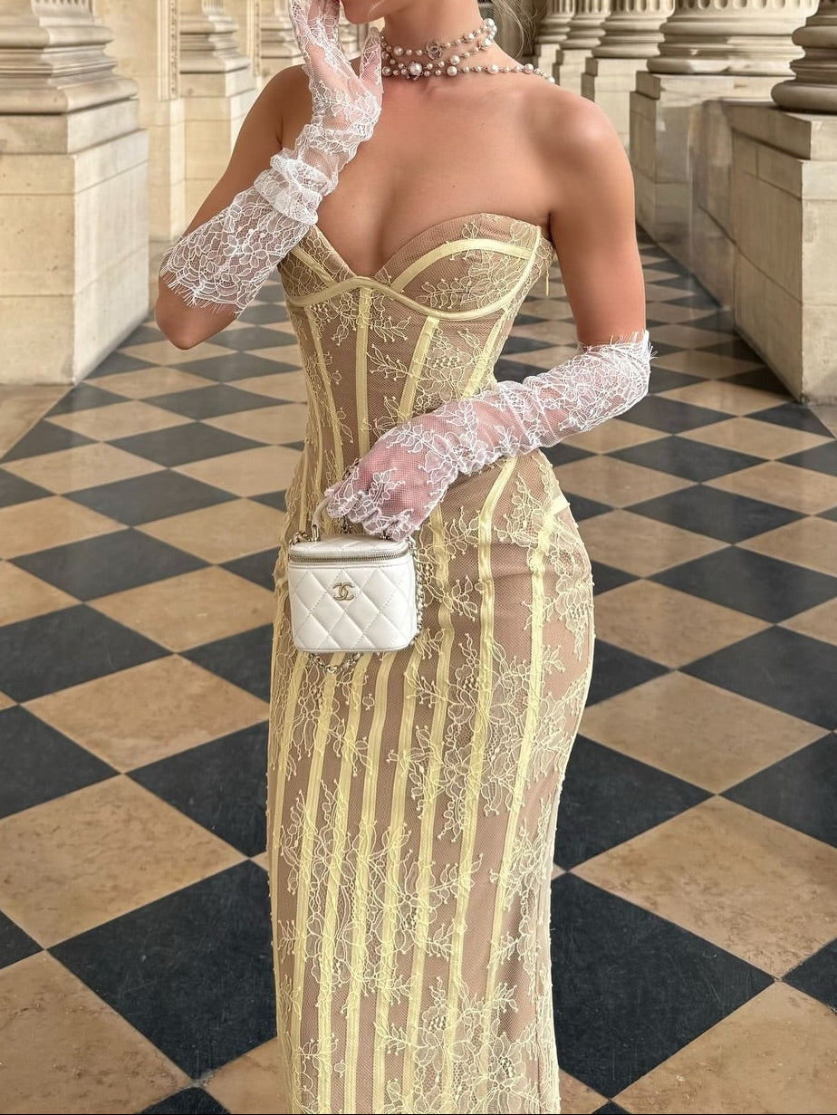 Lace Corset Column Evening Dress with Lace-Up Back