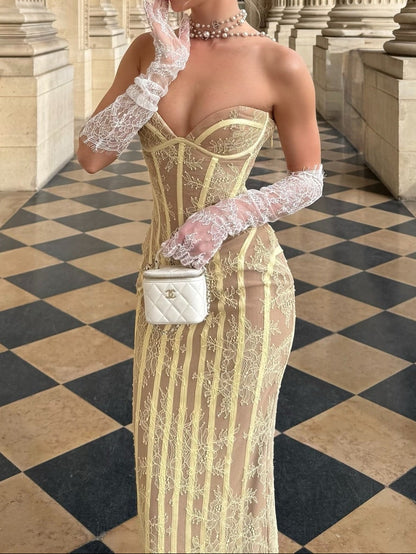 Lace Corset Column Evening Dress with Lace-Up Back
