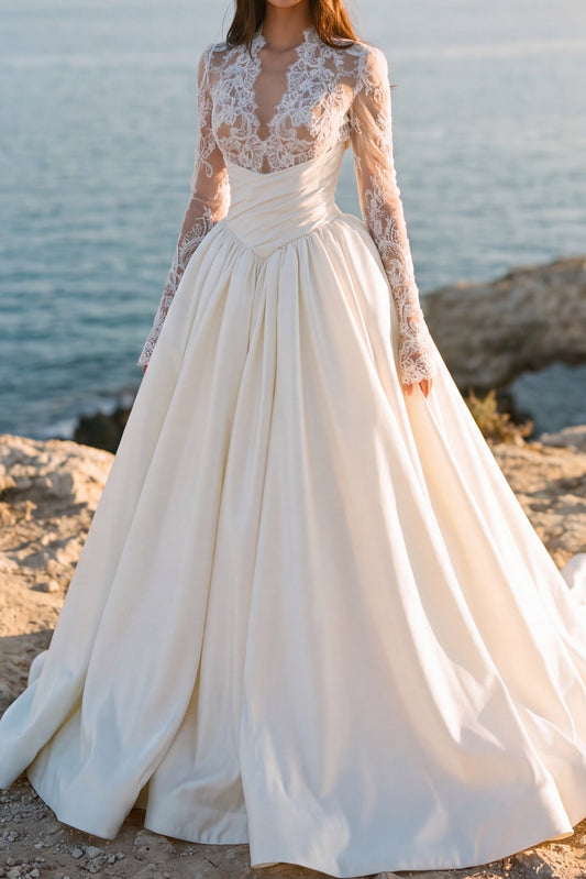 Lace Long Sleeve Pleated Satin Ball Gown