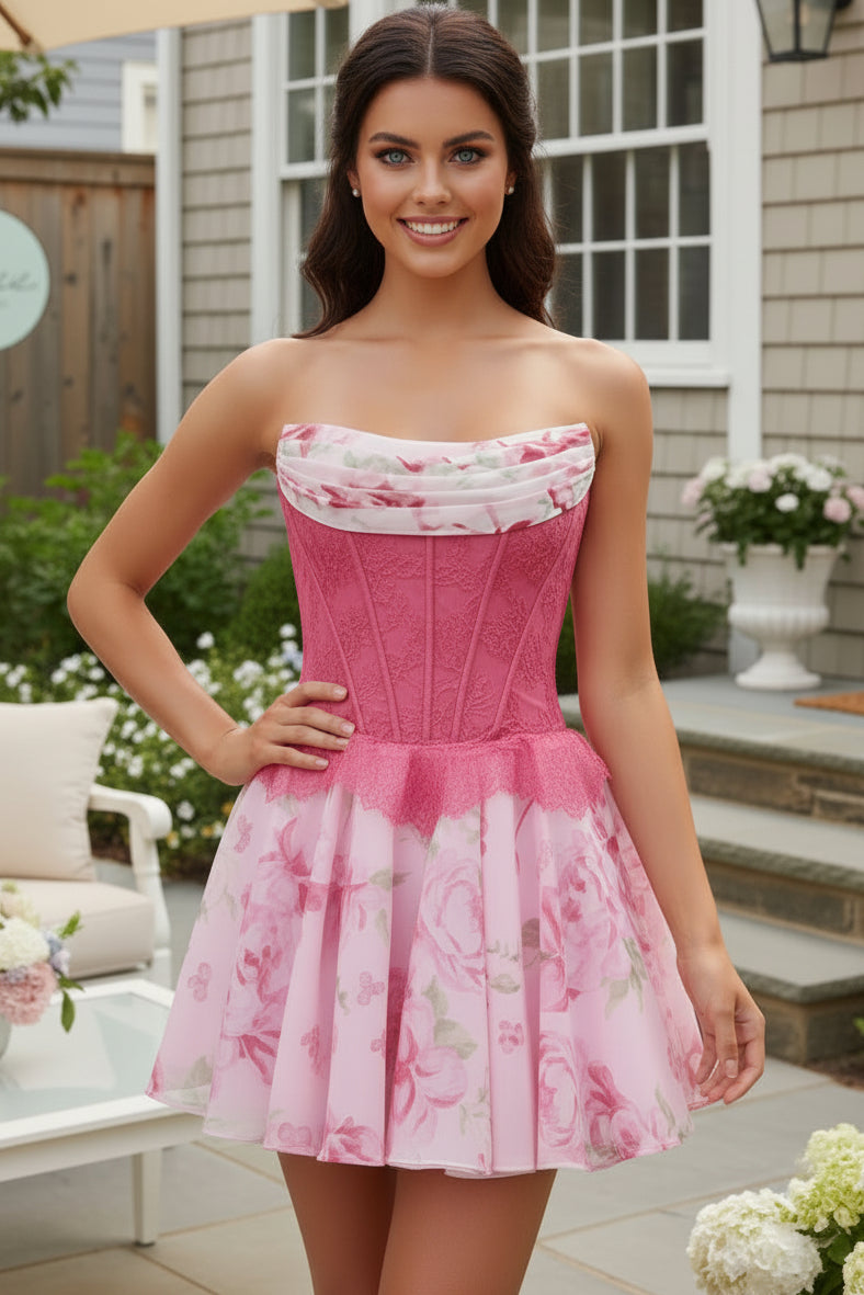 Strapless Lace Corset Floral Mini Dress