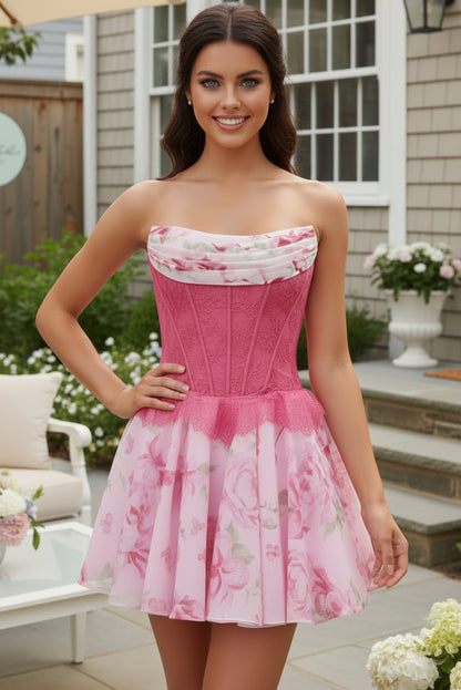 Strapless Lace Corset Floral Mini Dress