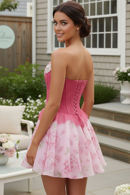 Strapless Lace Corset Floral Mini Dress