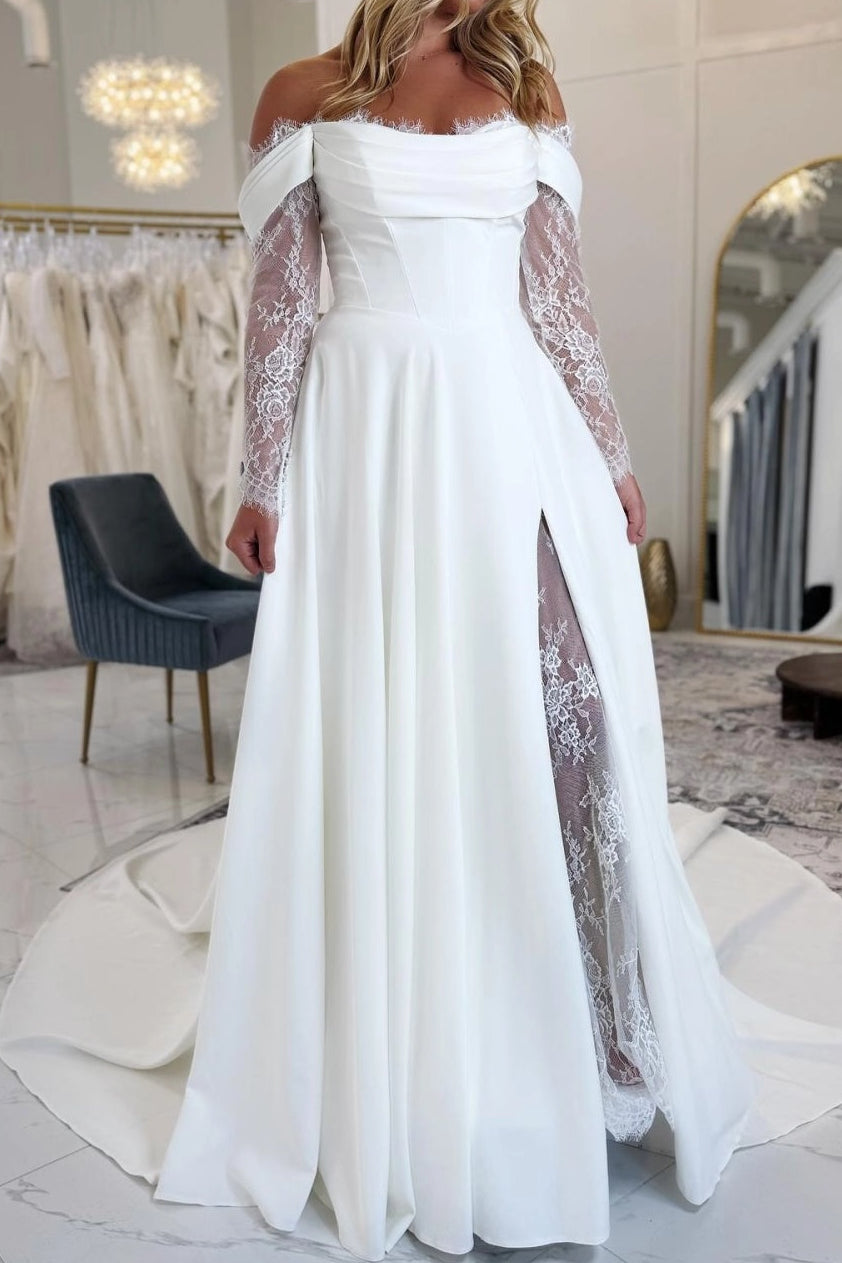 Off Shoulder Lace Sleeve A-Line Wedding Dress