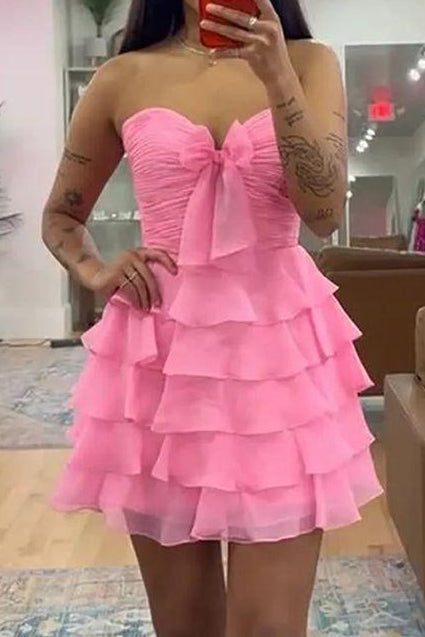 Strapless Tiered Ruffle Mini Dress with Bow
