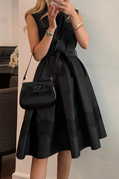 Sleeveless Collared Midi Shirt Dress with Lace Trim
