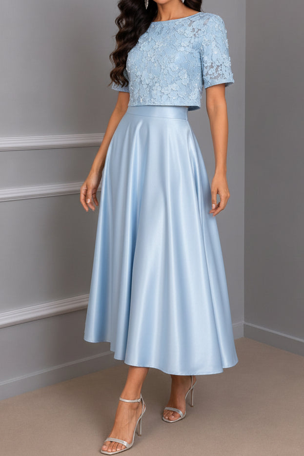 Lace Crop Top & Satin A-Line Skirt Two-Piece Set