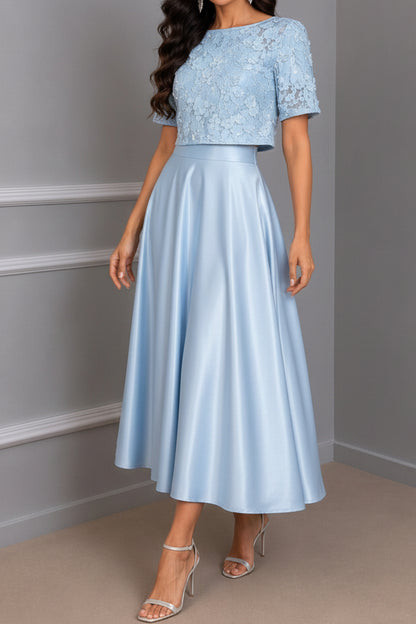 Lace Crop Top & Satin A-Line Skirt Two-Piece Set