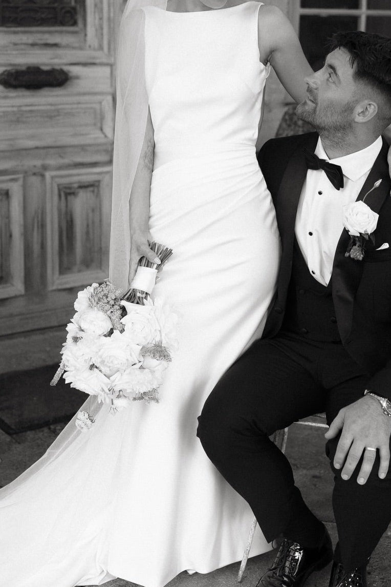 Minimalist Bateau Neck Fit and Flare Wedding Dress