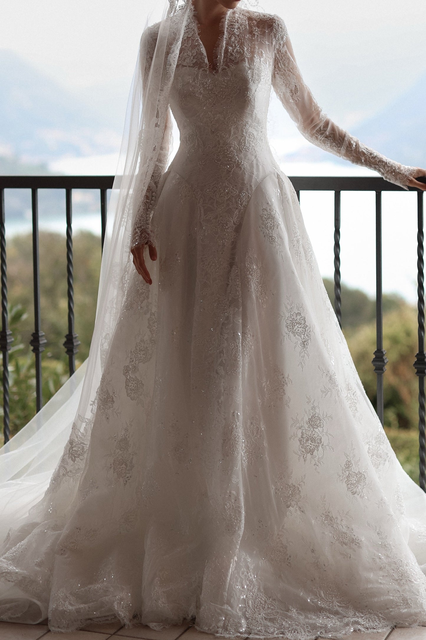 A-Line Lace Wedding Dress with Long Sleeves and Train