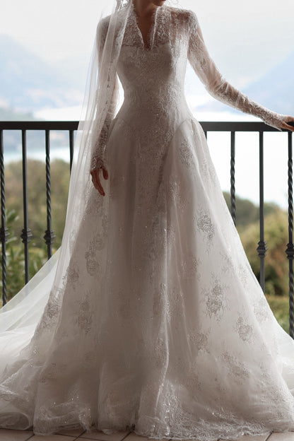 A-Line Lace Wedding Dress with Long Sleeves and Train