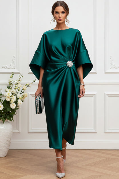 Elegant Draped Satin Midi Dress with Brooch