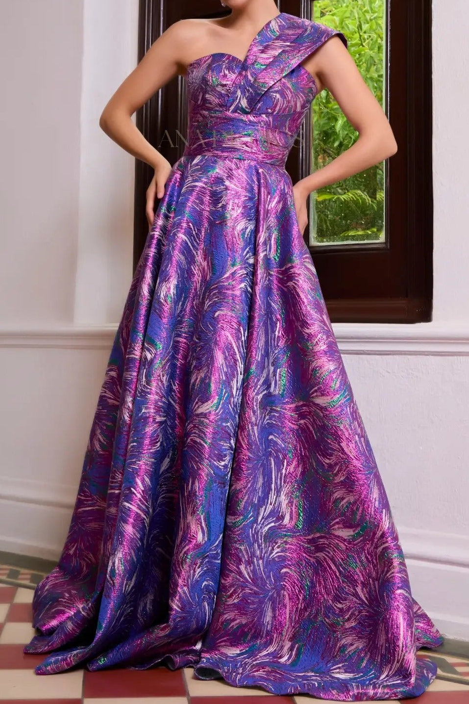 One-Shoulder Metallic Swirl A-Line Evening Gown