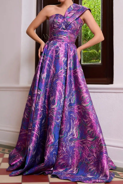 One-Shoulder Metallic Swirl A-Line Evening Gown