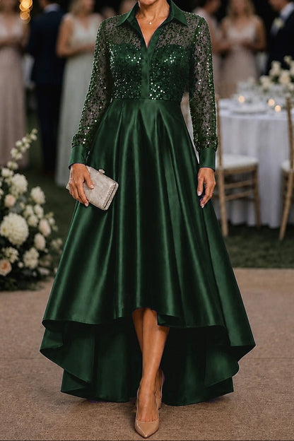Sequin Shirt Bodice High-Low Satin Evening Dress