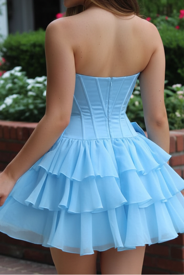 Strapless Corset Tiered Ruffle Mini Dress with Bows