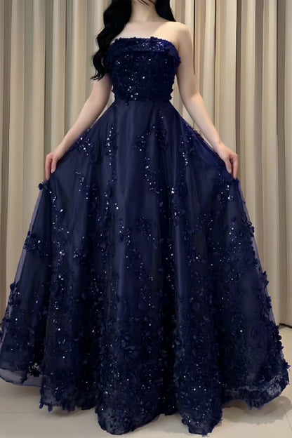 Strapless Sequin and 3D Flower Ball Gown