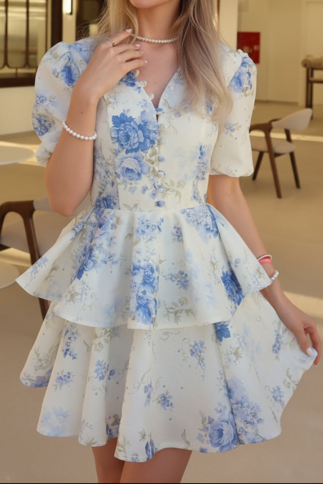 Tiered Floral Mini Dress with Puff Sleeves