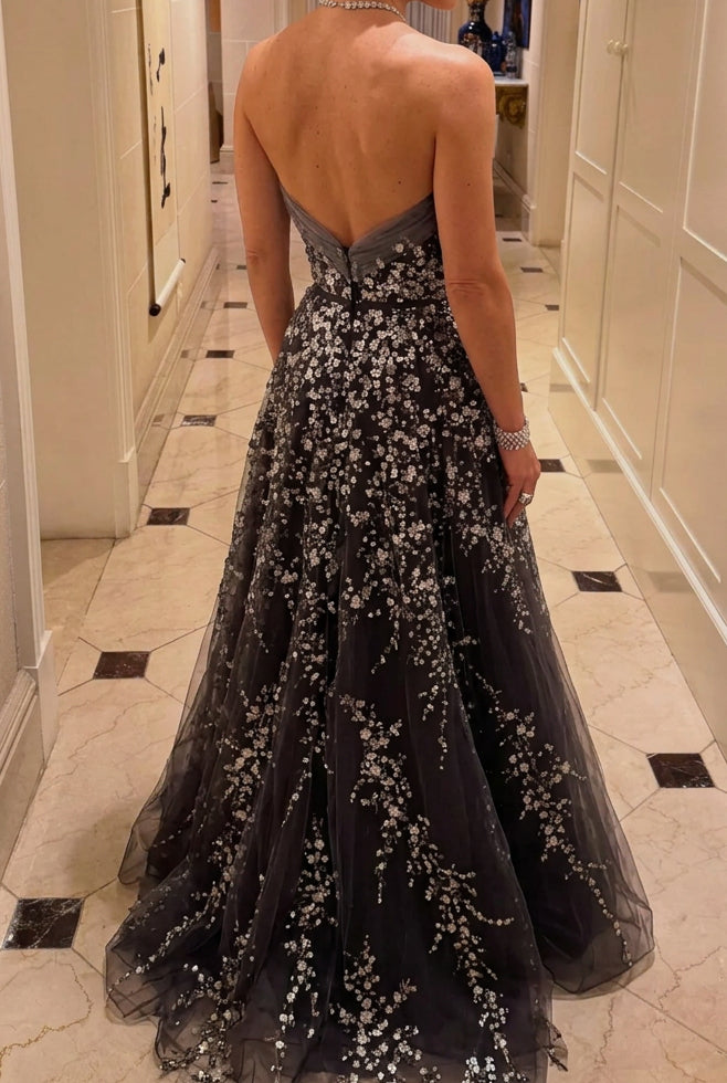 Strapless Floral Embroidered A-Line Evening Gown