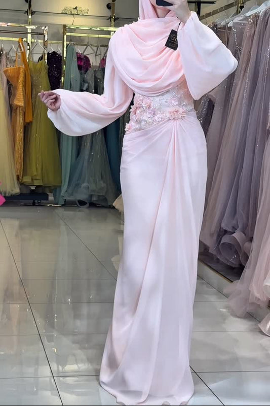 Embellished Draped Modest Evening Gown