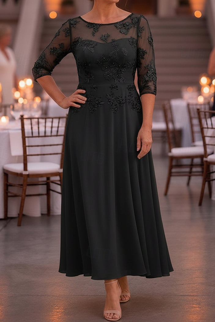 Floral Applique Illusion 3/4 Sleeve Tea-Length Dress