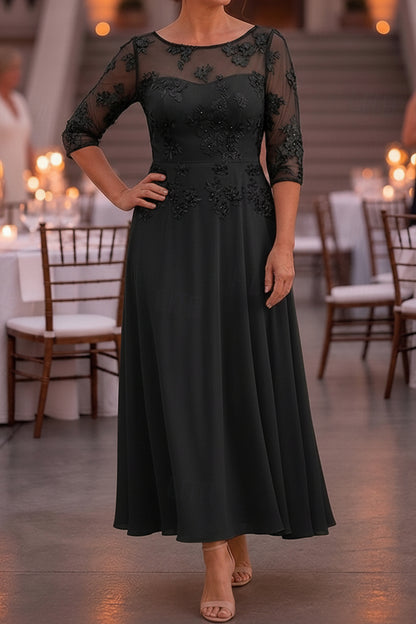 Floral Applique Illusion 3/4 Sleeve Tea-Length Dress