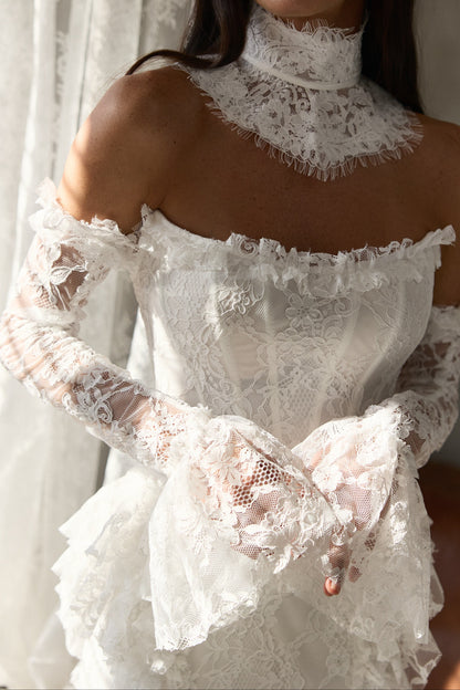 Off-Shoulder Lace Corset Wedding Dress with Bell Sleeves