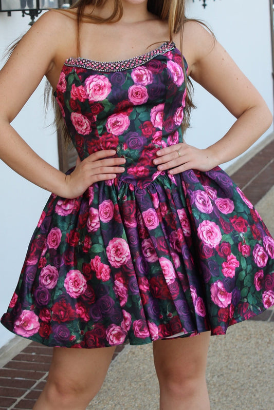 Strapless Floral Mini Dress with Beaded Neckline