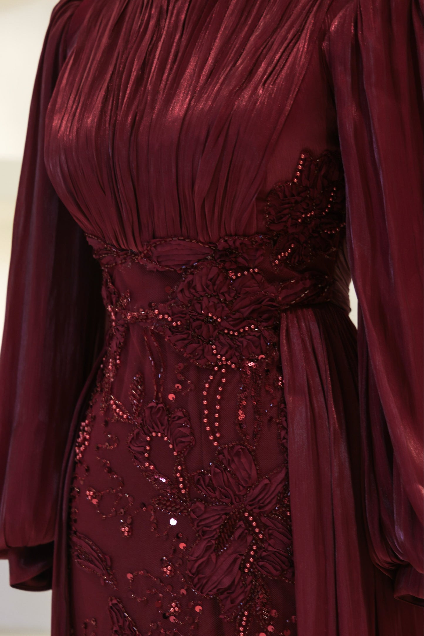 Long-Sleeve High-Neck Evening Gown with Floral Beaded Skirt
