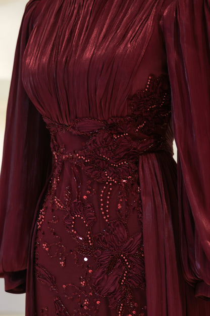 Long-Sleeve High-Neck Evening Gown with Floral Beaded Skirt