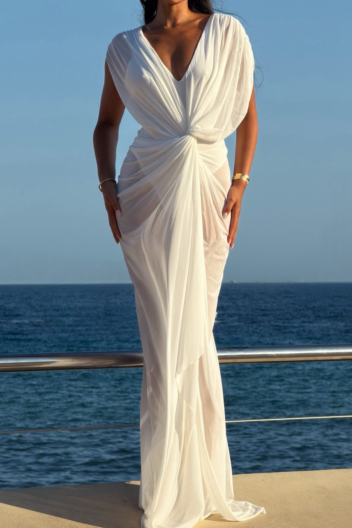 Draped V-Neck Ruched Maxi Dress