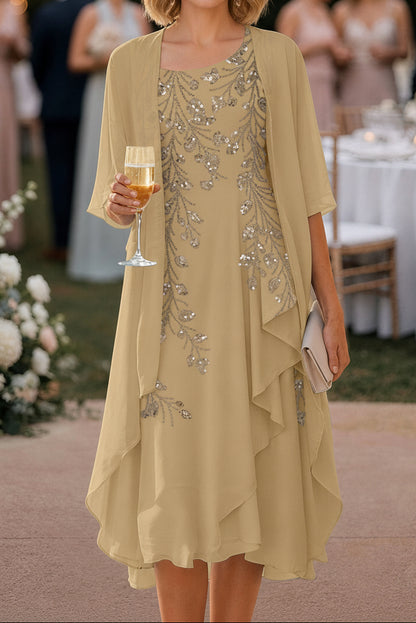 Sequin Embroidered Chiffon Dress with Cape Jacket Set