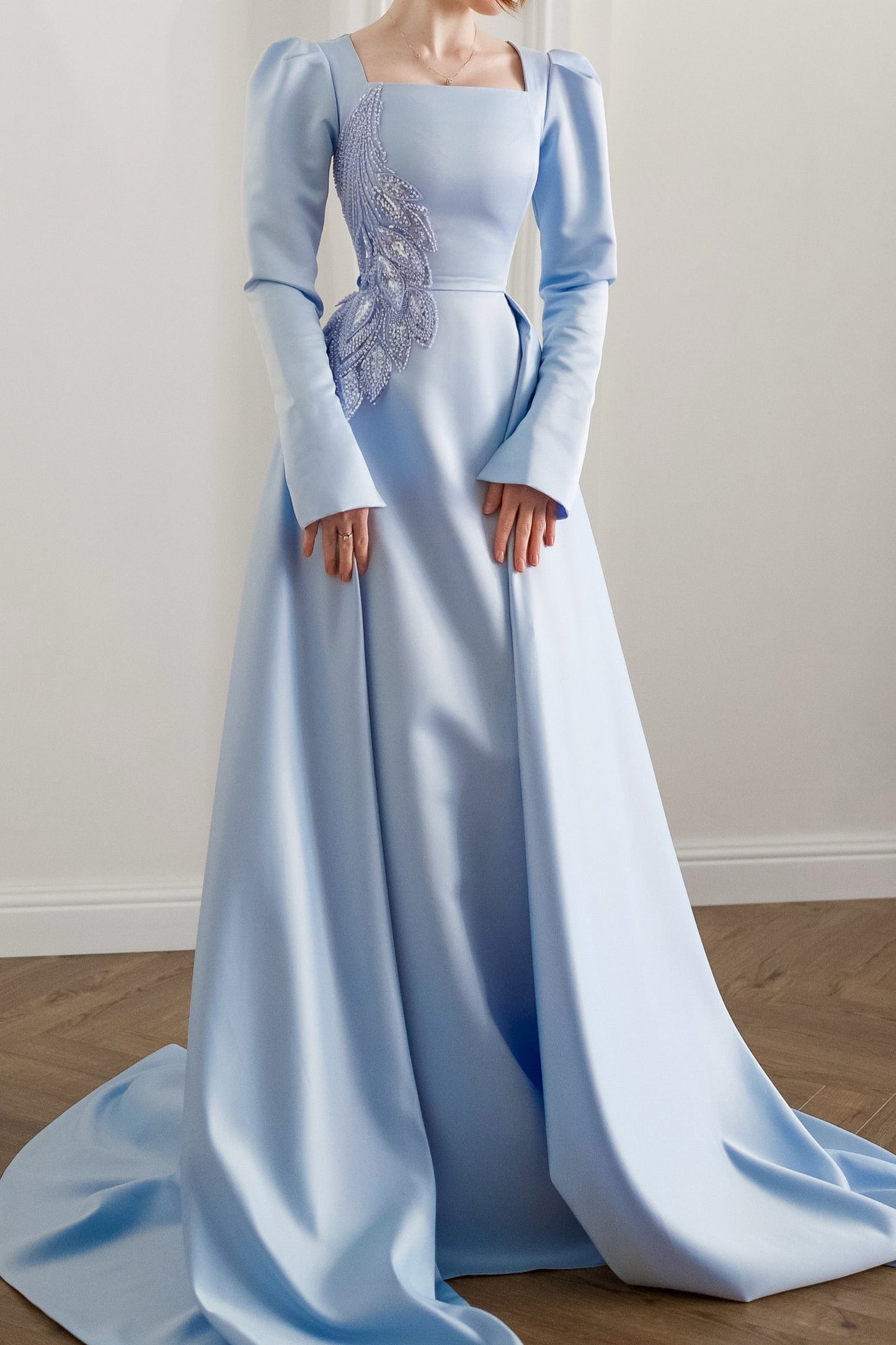 Square Neck Satin Evening Gown with Overskirt