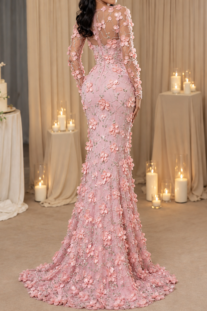 3D Floral Sheer Long Sleeve Floor-Length Gown