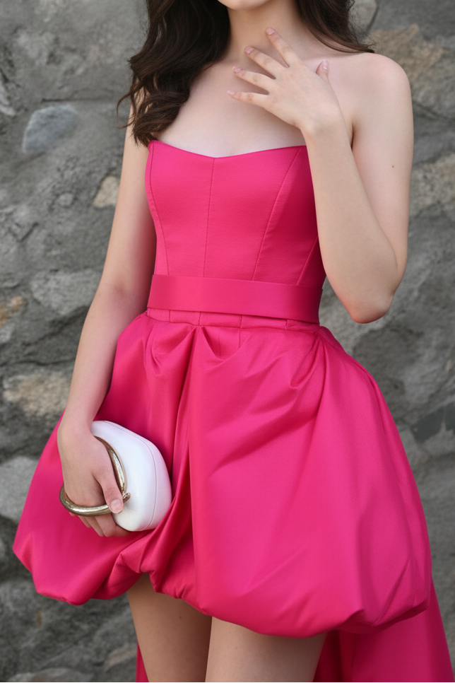 Strapless Bubble-Skirt Gown with High-Low Satin Train