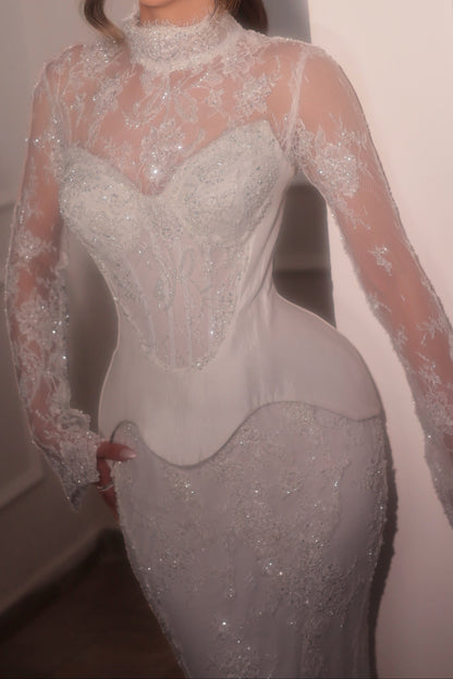 High Neck Lace Peplum Mermaid Wedding Dress