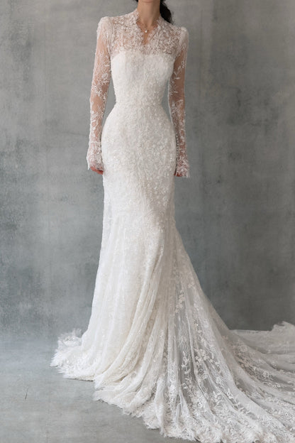 High-Neck Long-Sleeve Lace Fit and Flare Wedding Dress