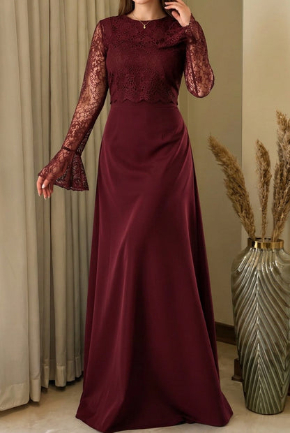 Lace Bodice Maxi Evening Dress with Bell Sleeves